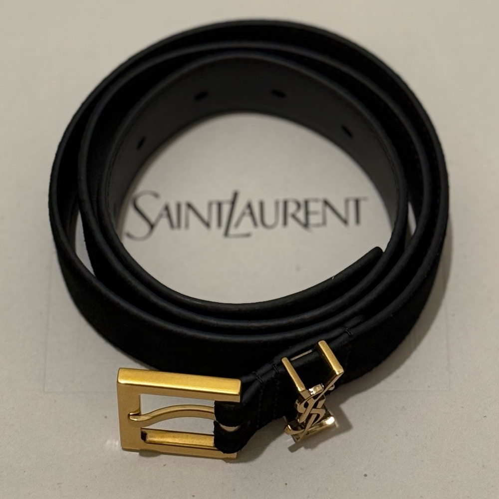 Saint Laurent Black Leather Belt with Gold Buckle - Picture 3 of 11